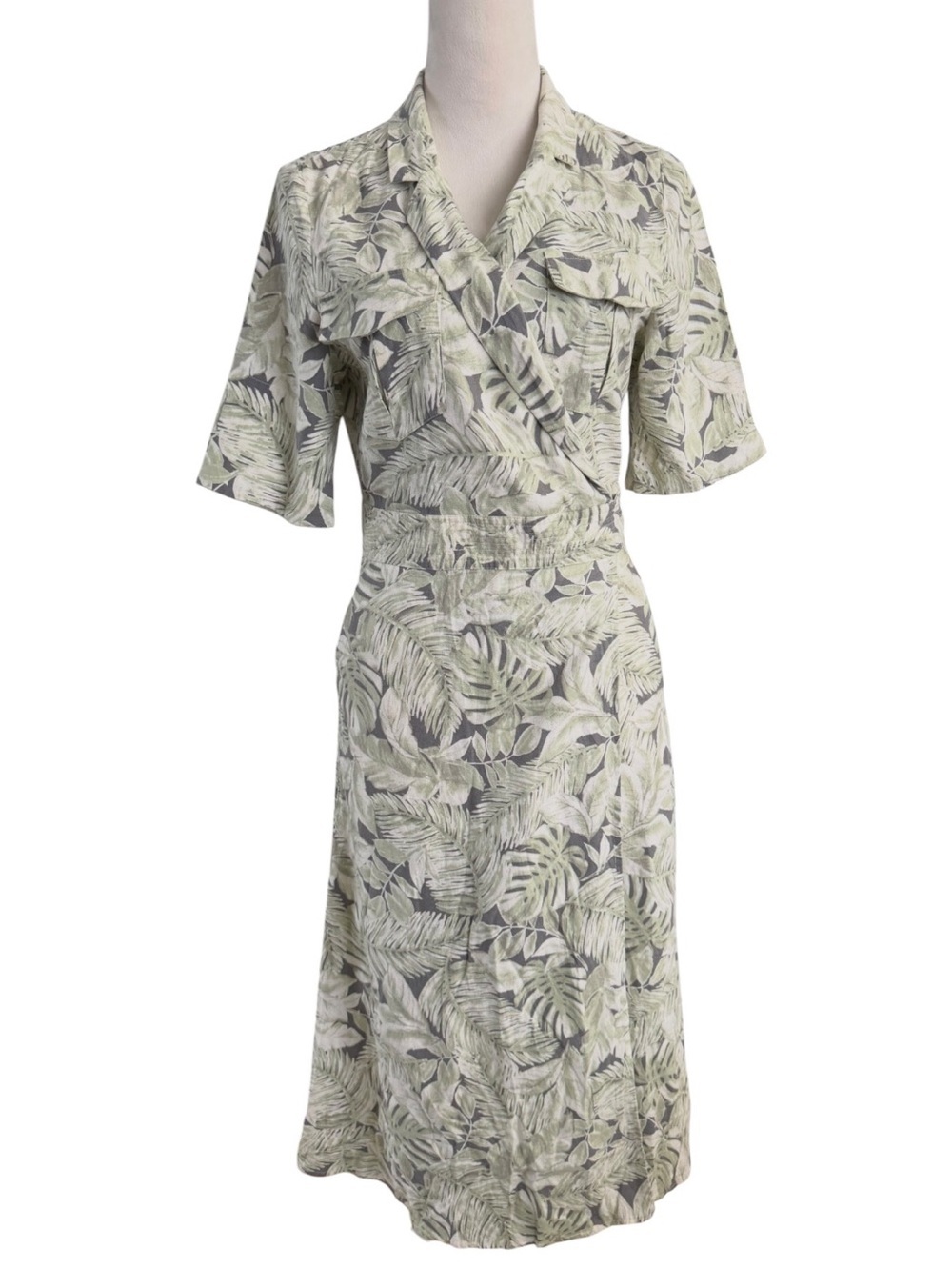 Habitual Palm Leaf-Print Wrap Midi Linen Blend Dress in Sage and Ivory